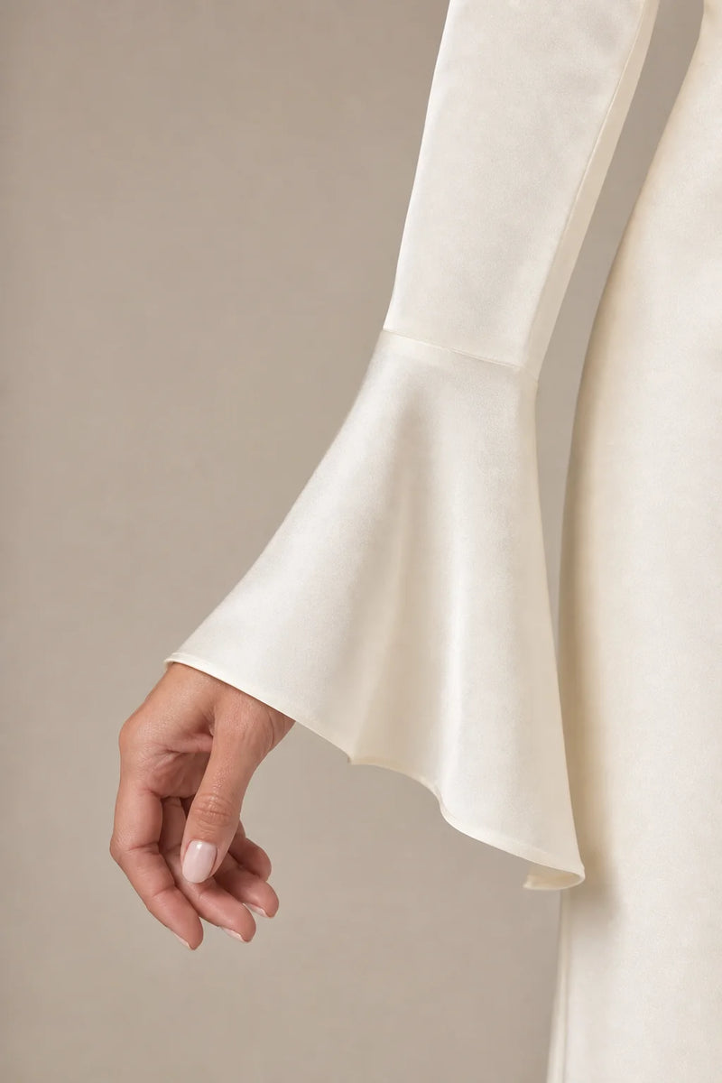 Sofaine Alice women's long-sleeve satin maxi dress in Ivory, bell-sleeve cuff detail