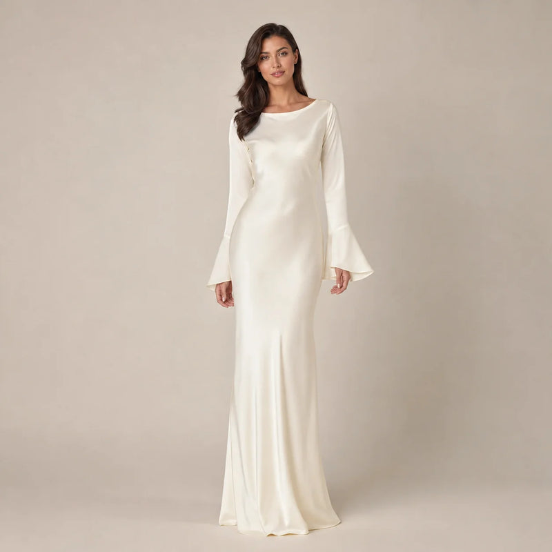 Sofaine Alice women's long-sleeve satin maxi dress in Ivory, front worn shot