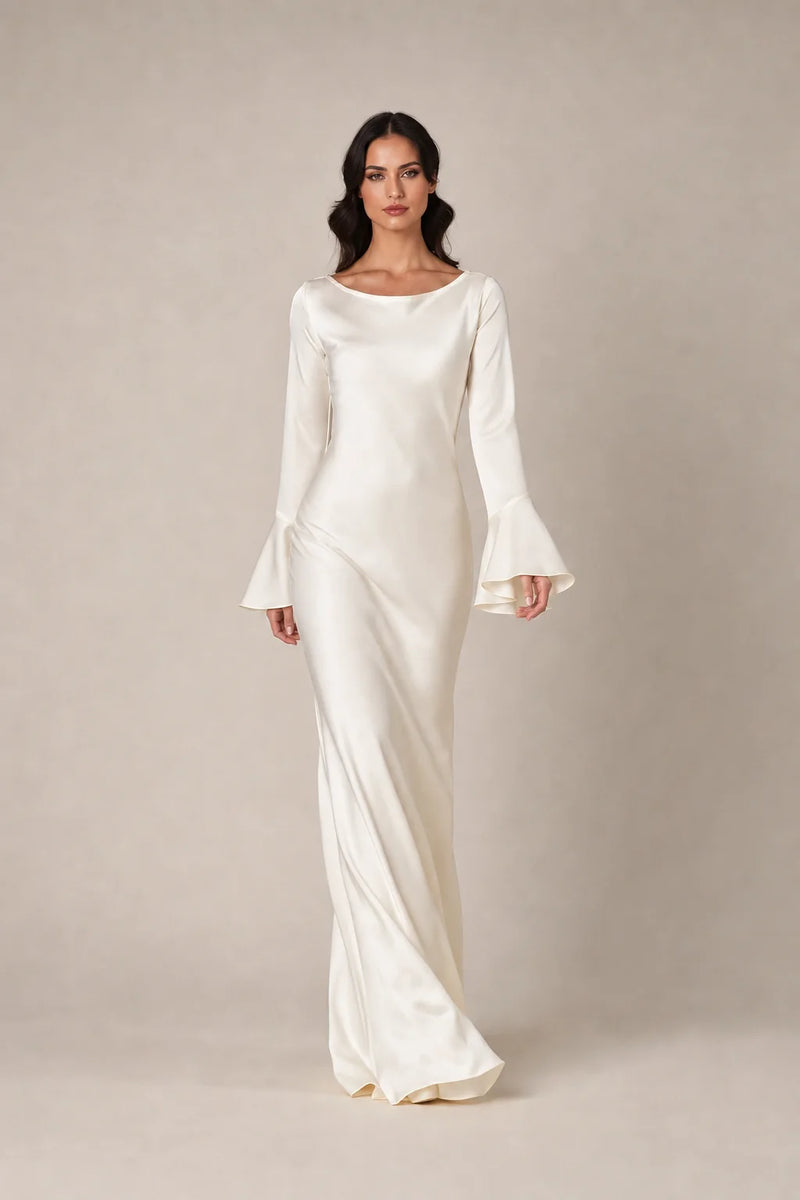 Sofaine Alice women's long-sleeve satin maxi dress in Ivory, full-length styled look