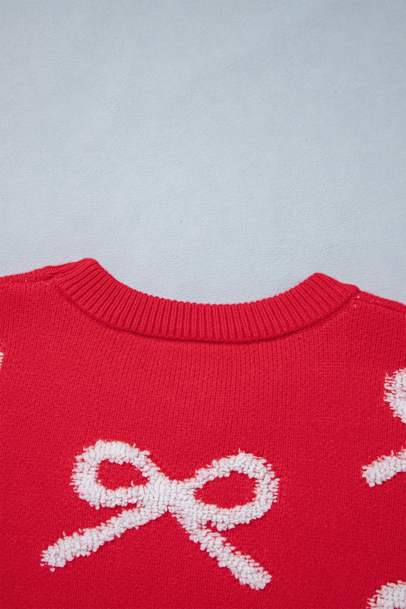 Fuzzy Bow Sweater for Women with Crew Neck and Drop Shoulders in Red, collar detail