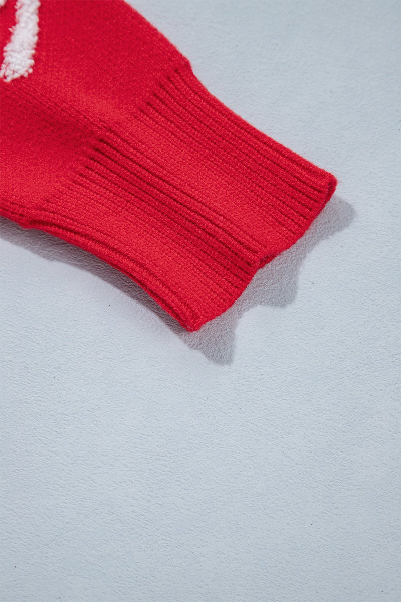 Fuzzy Bow Sweater for Women with Crew Neck and Drop Shoulders in Red, cuff detail