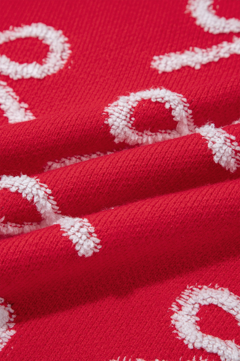 Fuzzy Bow Sweater for Women with Crew Neck and Drop Shoulders in Red, fabric close-up