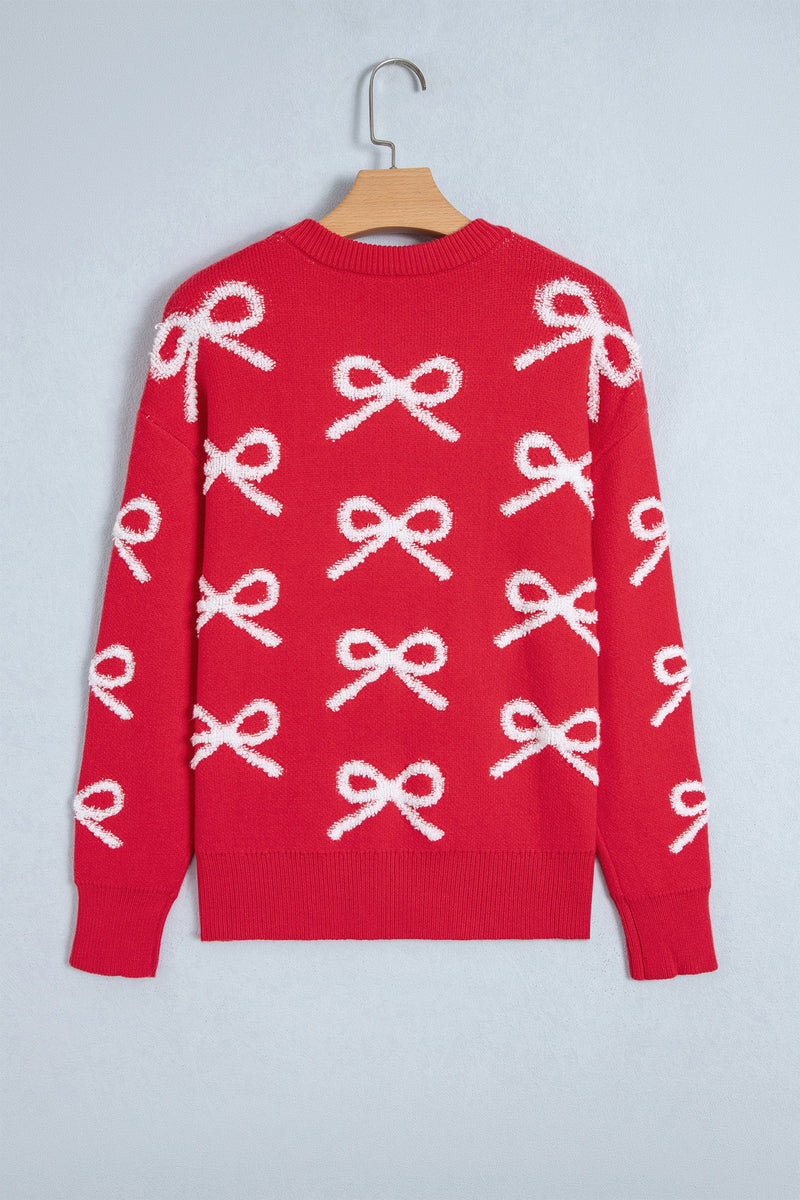 Fuzzy Bow Sweater for Women with Crew Neck and Drop Shoulders in Red, flat lay back