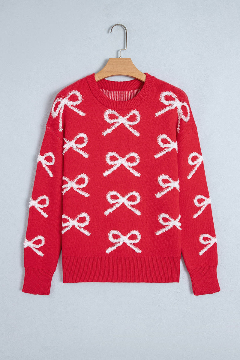 Fuzzy Bow Sweater for Women with Crew Neck and Drop Shoulders in Red, flat lay front
