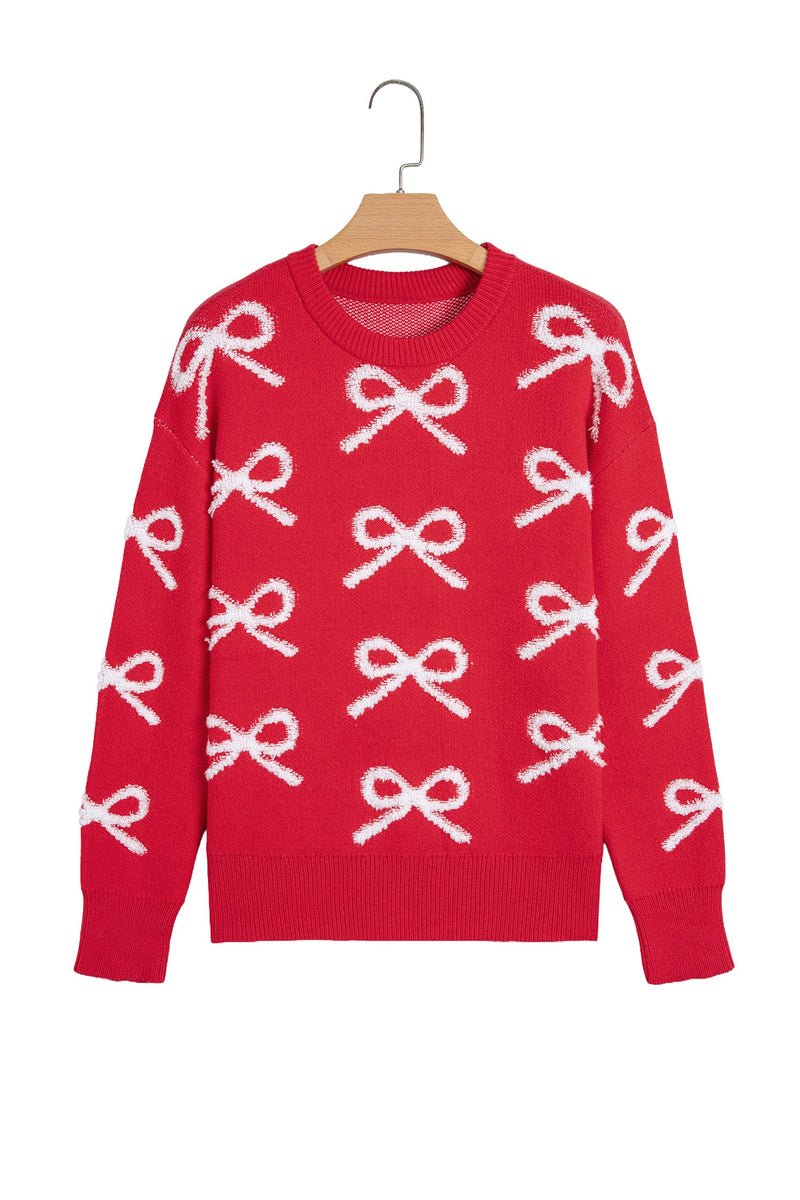Fuzzy Bow Sweater for Women with Crew Neck and Drop Shoulders in Red, flat lay on white