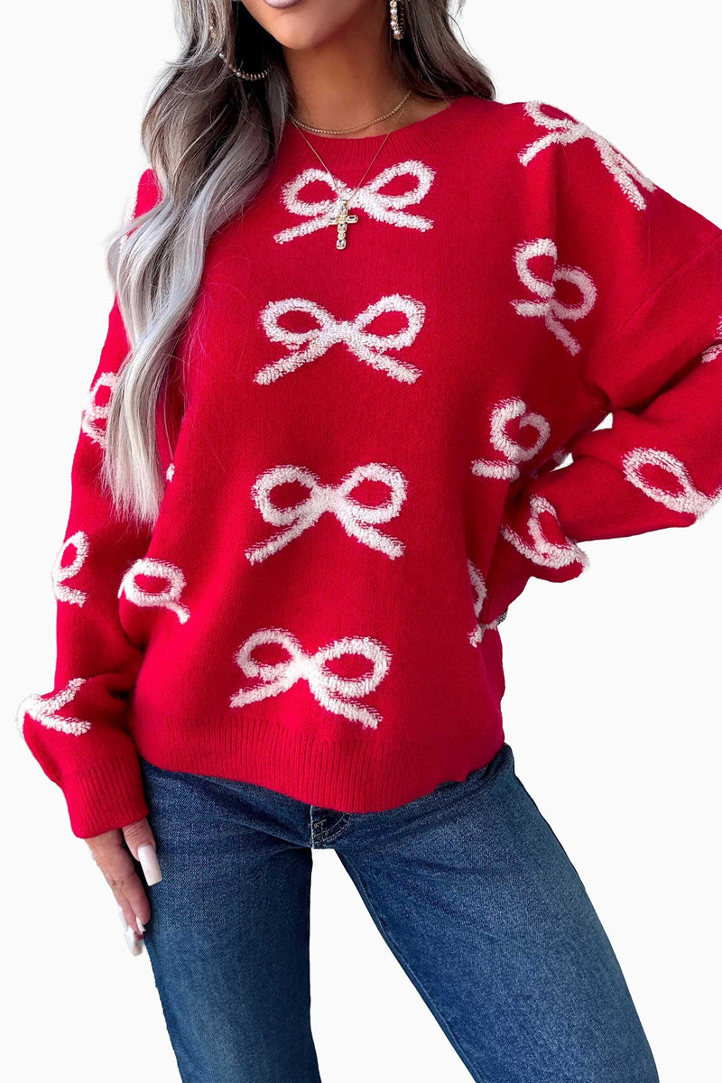Fuzzy Bow Sweater for Women with Crew Neck and Drop Shoulders in Red, front view on white