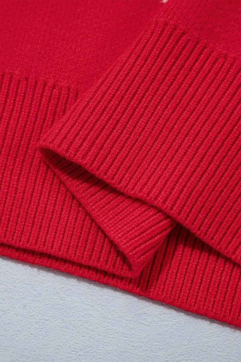Fuzzy Bow Sweater for Women with Crew Neck and Drop Shoulders in Red, hem detail