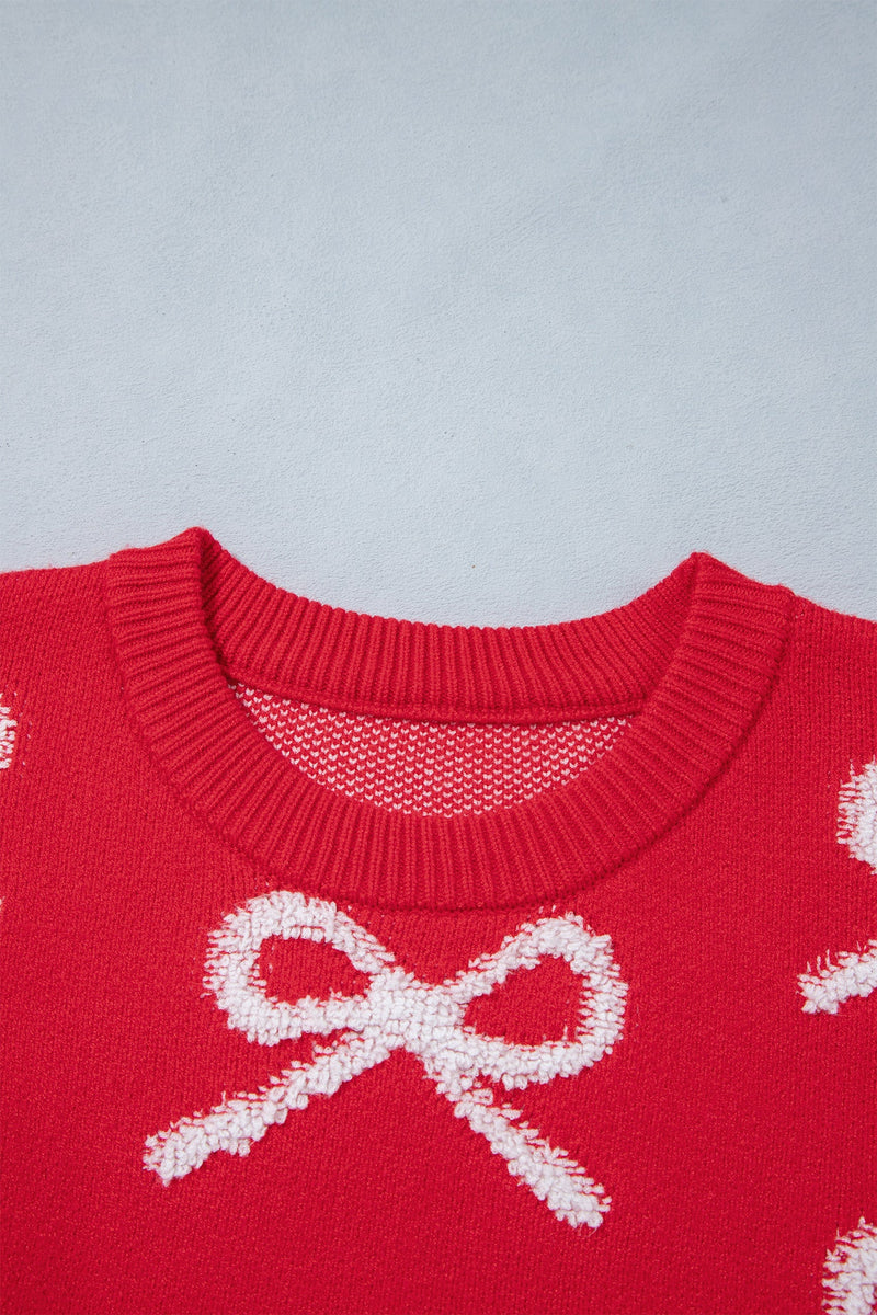 Fuzzy Bow Sweater for Women with Crew Neck and Drop Shoulders in Red, neckline detail