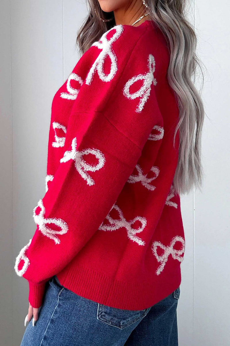 Fuzzy Bow Sweater for Women with Crew Neck and Drop Shoulders in Red, side view