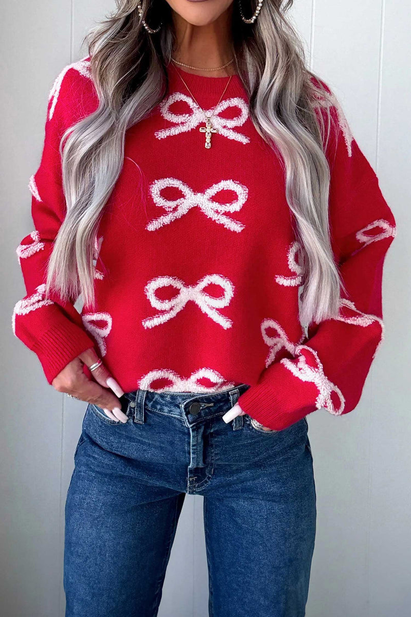 Fuzzy Bow Sweater for Women with Crew Neck and Drop Shoulders in Red, styled front view