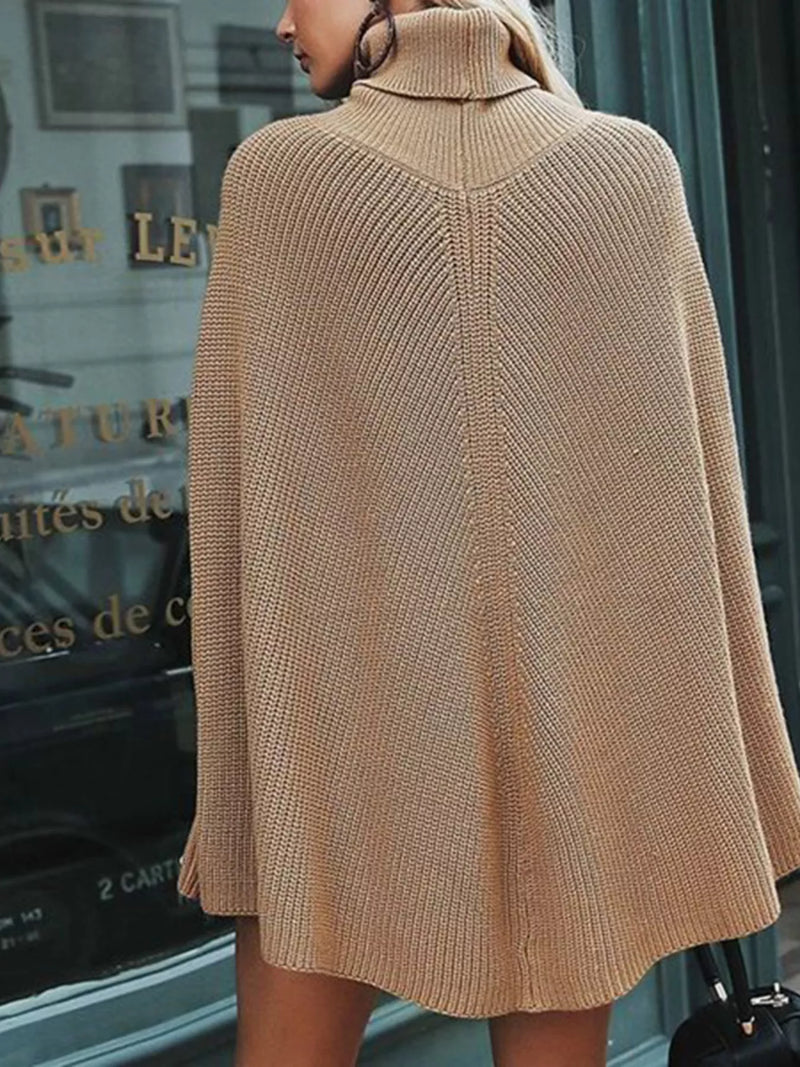 Turtleneck Poncho Sweater for Women with Ribbed Knit and Arm Slits in Camel, back view